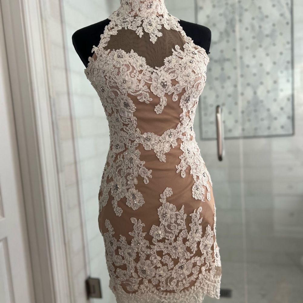Sherri Hill Nude and Ivory Backless Lace Appliqué Dress - Picture 7 of 7
